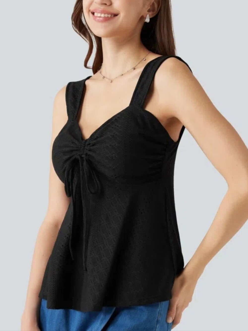 Halara Built-in Bra Eyelet Tank Top Black Boho Whimsigoth Y2K Babydoll NEW
